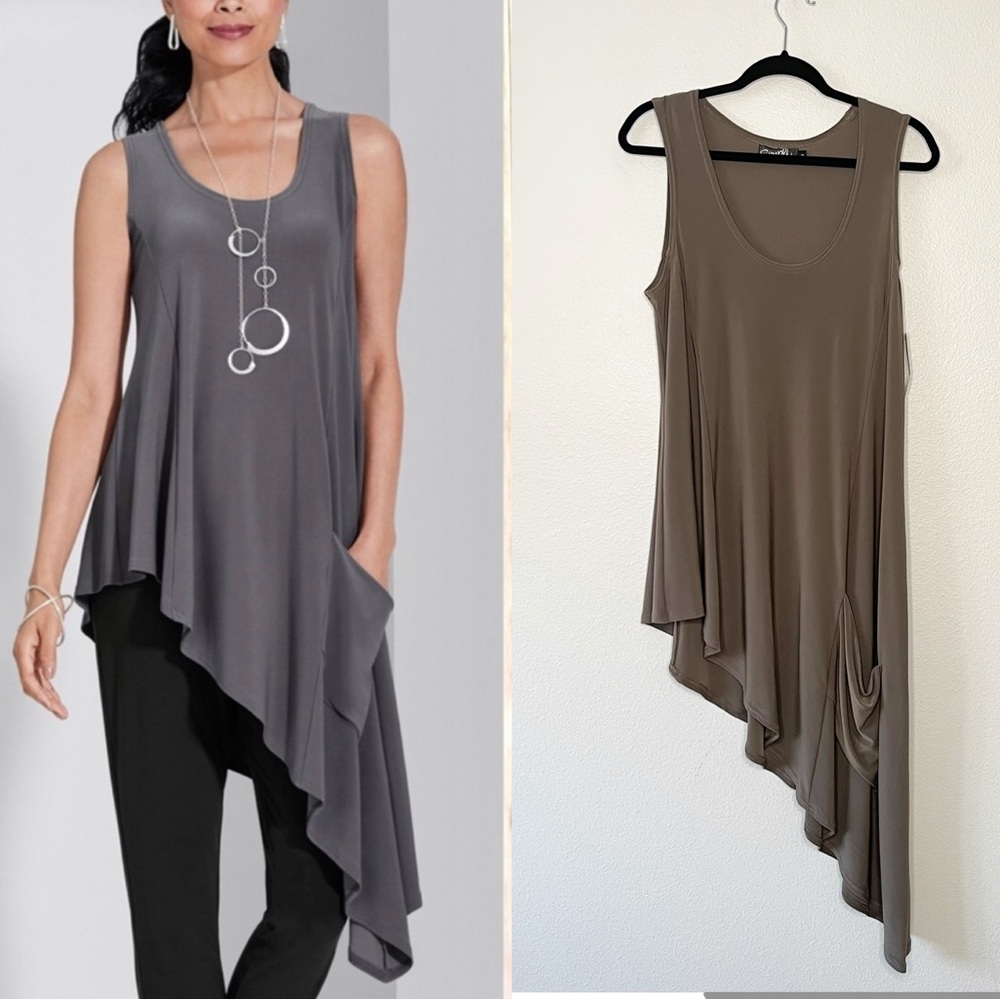 NWT Sympli Asymmetrical Tunic Sleeveless Drifter Top in Cargo Blouse Size 8 Chic